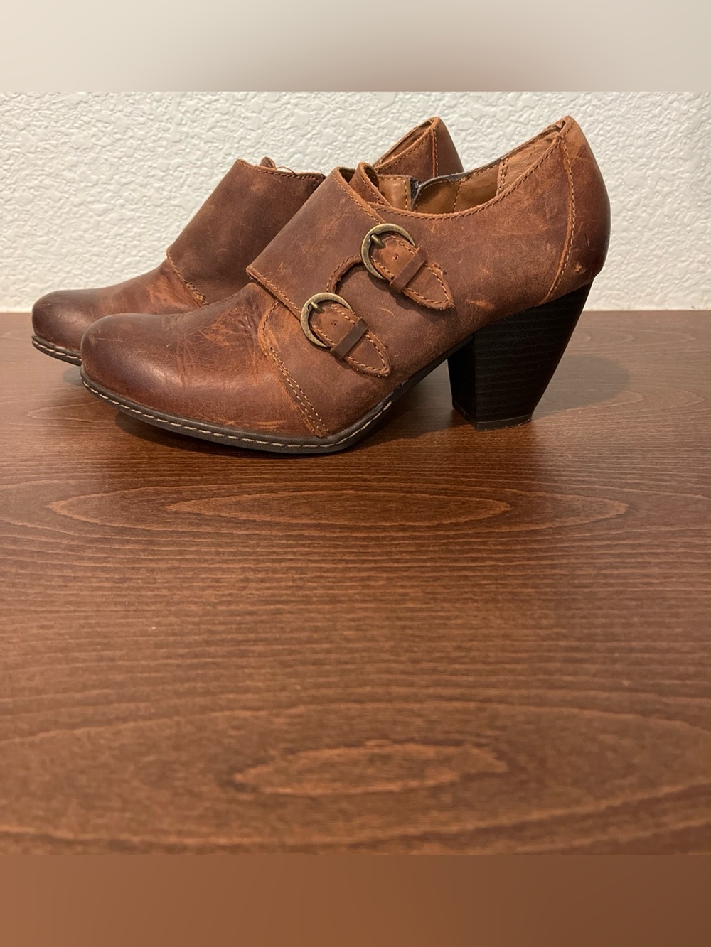 Women's Brown Leather Double-Buckle Heeled Ankle Boots